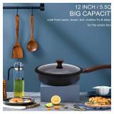 Vinchef Nonstick Deep Frying Pan Saute Pan with Lid, 12in/5.5Qt Fry Pan, German 3C+ Ceramic Coating Technology, Heat Indicator, Induction Compatible - Retail: $50