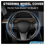 Black Steering Wheel Cover for Tesla Model 3/Y 2016-2025 2026 Juniper/Highland | Non-Slip, Segmented, Custom-Fit, Carbon Fiber | Model Y Juniper Accessories | Model 3 Highland Accessories - Retail: $1