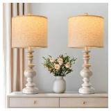 BOBOMOMO 24" Farmhouse Resin Table Lamp Set of 2, Vintage Lamps for Living Room Bedroom with Linen Shades, Traditional Rustic Bedside Lamps Retro Table Lamps for Living Room, Bedroom, Office - Retail: