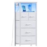 Furnulem Dresser for Bedroom, Tall Nightstand, Vertical Chest with Wood Top, Charging Station, LED Lights, 5 Fabric Bins, Bedside Table with Shelf, Furniture for Entryway (5 Drawer, White) - Retail: $