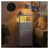 Furnulem Dresser for Bedroom, Tall Nightstand, Vertical Chest with Wood Top, Charging Station, LED Lights, 5 Fabric Bins, Bedside Table with Shelf, Furniture for Entryway (5 Drawer, White) - Retail: $