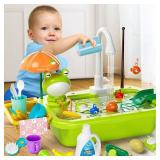 Play Sink with Running Water, Kitchen Play Sink Toy with Electric Faucet, Play Kitchen Accessories, Floating Pool Toys & Fishing Game, Kids Pretend Play-Dishwasher Play Set for Boys Girls Toddlers-SIN