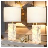 Scenekoy Alabaster Table Lamp Set of 2 with Night Light for Bedroom Living Room, 23" Rotary Switch Bedside Lamp with Linen Shade, Modern Nightstand Lamps for Room Office Dorm (Bulb Included) - Retail: