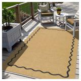 Sungea Outdoor Patio Rug 5x7 Washable Easy Jute Rug, Non-Skid Scalloped Geometric Floor Mats for Living Room, Neutral Modern Foldable Low-Pile Minimalism Carpet for Bedroom Backyard Home Decor - Retai