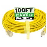 POWGRN 100 ft 12/3 Outdoor Extension Cord Waterproof Heavy Duty with Lighted Indicator End 12 Gauge 3 Prong, Flexible Cold-Resistant Long Power Cord Outside, 15Amp 1875W SJTW Yellow ETL Listed