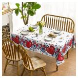 Horaldaily Valentine Tablecloth 52x70 Inch Rectangular, Romantic Blue and White Porcelain Pattern Red Heart Bows FloralWashable Festive Table Cover for Party Picnic Dinner Decor