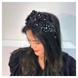 Florate Big Wide Chunky Flower Headbands for Women Fashion Floral Crystal Bead Stone Rhinestone Decorative Embroidered Girls Hairbands (wide black) - Retail: $19