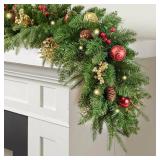 Artificial Christma 9FT Pre-Lit Garland with 50 LED Light, Battery Operated, Pine Cones, Nice Gold and Red Ball, Berris Mantle for Indoor Holiday Door Home Decorations Stairs Fireplaces Wal - Retail: 