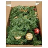 Artificial Christma 9FT Pre-Lit Garland with 50 LED Light, Battery Operated, Pine Cones, Nice Gold and Red Ball, Berris Mantle for Indoor Holiday Door Home Decorations Stairs Fireplaces Wal - Retail: 