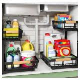 Kitstorack Under Sink Organizer, 2 Tier Under the Sink Storage, Slide out Pull out Cabinet Organizer Shelf, Metal Sliding Drawer for Kitchen Bathroom Pantry Closet Organization Rack, Black, 2 Pack - R