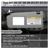 Driver Left Side Sun Visor Compatible with Toyota RAV4 2006 2007 2008 2009 2010 2011 2012 2013 with Light Replace 74320-42501-B2 Gray - Retail: $19