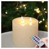 Amagic 6"x6" Extra Large Flameless Candles with 3 Wicks, Battery Operated Candles with Remote Control and Timers, 6 inch Diameter LED Pillar Candles, Real Wax, Ivory - Retail: $24