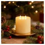 Amagic 6"x6" Extra Large Flameless Candles with 3 Wicks, Battery Operated Candles with Remote Control and Timers, 6 inch Diameter LED Pillar Candles, Real Wax, Ivory - Retail: $24