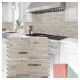 StyloVue 8 Sheets Kitchen Peel and Stick Backsplash Tiles, Beige with Metal Gold Look Stick on Backsplash for Kitchen, RV, Fireplace - Retail: $50