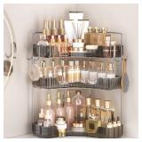 Kinkota 3-Tier Corner Organizer with Hooks, Gray PET Counter Storage | Multi-Purpose for Bathroom Skincare & Kitchen Organization (Missing Poles) - Retail: $33