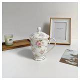 YX-SHMA Ceramic Mug,Fine Bone China Tea Cup, Tea Mugs for Women, Tea Cup with Lid, Suitable for Making Tea, Cold Drinks, Hot Drinks, Coffee, Etc, 10 oz (Knob On Lid Broke)