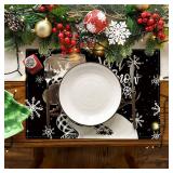 Artoid Mode Black Snowman Snowflakes Let it Snow Winter Placemats Set of 6, 12x18 Inch Seasonal Christmas Table Mats for Party Kitchen Dining Decoration - Retail: $10