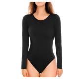 Walifrey Crew Neck Long Sleeve Bodysuit for Women Soft Stretchy Basic Shirts Bodysuits Tops Black L - Retail: $8