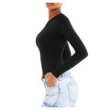 Walifrey Crew Neck Long Sleeve Bodysuit for Women Soft Stretchy Basic Shirts Bodysuits Tops Black L - Retail: $8