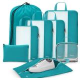 Gonex 8 Set Compression Packing Cubes, Expandable Mesh Organizer for Travel Accessories, Essentials With Toiletry, Laundry, Shoe, Cable Bags for Suitcases, Blue - Retail: $29