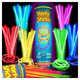 PartySticks Glow Sticks Party Supplies 100pk - 8 Inch Glow in the Dark Light Up Sticks Party Favors, Glow Party Decorations, Neon Party Glow Necklaces and Glow Bracelets with Connectors - Retail: $9