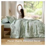 Bedsure Queen Comforter Set -  Floral Sage Green GentleSoft Bedding Sets, Queen Bed in a Bag with Botanical Flowers Winter Comforter, Sheets, Pillowcases - Retail: $50