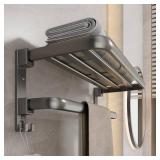 Handship 15 Inch Towel Rack Bathroom Shelf with Towel Bar Foldable Wall Mounted Towels Storage Holder with Hooks Rustproof Heavy Duty Hangers for Bathroom Lavatory Hotel Accessories (Gunmetal) - Retai