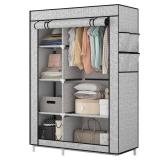Calmootey Portable Closet Organizers, Clothing Storage, Wardrobe with 6 Shelves and Hanging Rod, Non-Woven Fabric Cover with 4 Side Pockets, Ash Grey - Retail: $31