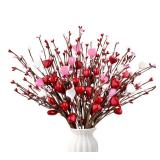 Yunfan 6Pcs Valentines Day Decorations Valentines Decor Red Pink White Heart Shaped Berry Picks Artificial Flowers for Valentines Day Gifts Wedding Home Decor 17in - Retail: $20