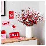 Yunfan 6Pcs Valentines Day Decorations Valentines Decor Red Pink White Heart Shaped Berry Picks Artificial Flowers for Valentines Day Gifts Wedding Home Decor 17in - Retail: $20