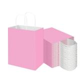 Toovip 100 Pack 8x4.75x10 Inch Medium Light Pink Kraft Paper Bags with Handles Bulk, Gift Wrap Bags for Favors Grocery Retail Party Birthday Shopping Business Goody Craft Merchandise Take Out Sacks - 