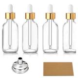 AOZITA Set of 4, 2 oz Golden Cap Clear Dropper Bottles (60ml) with 1 Funnel & 4 Labels - Glass Tincture Bottles for Essential Oils with Eye Droppers - Leak Proof Travel Bottles for Liquids - Retail: $