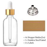 AOZITA Set of 4, 2 oz Golden Cap Clear Dropper Bottles (60ml) with 1 Funnel & 4 Labels - Glass Tincture Bottles for Essential Oils with Eye Droppers - Leak Proof Travel Bottles for Liquids - Retail: $