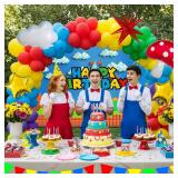 Super Bros Party Decorations with Balloon arch Kit Polka dot printed Balloon Cloud Mushroom Star Balloons Banner Birthday Backdrop for Cartoon Video Game Theme Birthday Party Supplies - Retail: $20