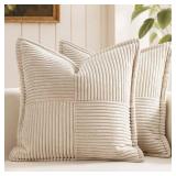 MIULEE Decorative Throw Pillow Covers for Couch Bed Livingroom 18x18 Inch Set of 2 Beige Boho Accent Throw Pllows Broadside Striped Patchwork Soft Corduroy Pillowcases - Retail: $17