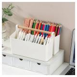 Himilucky Desk Organizer, Pen Holder, Marker organizer with 8 Compartments - Portable Plastic Pencil Storage Box for Office Supplies, Art Materials, Home Organization (White Large) - Retail: $11