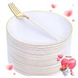 LIYH 96 Pcs White Gold Dessert Plates with Dessert Forks,48 Plates and 48 Forks,Gold Cake Appetizer Plastic Disposable Plates for Tea Parties,Birthdays,Wedding,Valentine