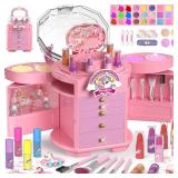 PERRYHOME Kids Makeup Set for Girls, 63 Pcs Washable Non-Toxic Real Cosmetic Toddler Makeup Kit, Unicorn Princess Play Makeup Toys Birthday Gifts, Dress up Time Girl Toys for 3 4 5 6 7 8 9 10 11 12 - 