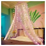 Eimilaly Two-Tone Bed Canopy Mosquito Net Pink Purple with 250pcs Warm White Lights, Bed Canopy for Girls Room Decor, Single Door - Retail: $22
