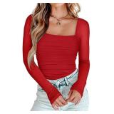 PINKMSTYLE Mesh Sheer Square Neck Long Sleeve Bodysuit for Women Sexy Going Out Tops Club Outfits Party Shirts Small black - Retail: $29