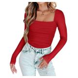 PINKMSTYLE Mesh Sheer Square Neck Long Sleeve Bodysuit for Women Sexy Going Out Tops Club Outfits Party Shirts Red Medium - Retail: $29