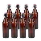 COMUDOT Glass Bottles, Refillable Brown Glass Storage Bottle with Swing Top Lids, Amber Iron Clasp Bottles with Stickers&Pen for Home Brewing, Drinks, Sauces, Industrial products, etc (1000ML, 8 PCS) 