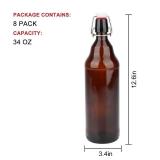 COMUDOT Glass Bottles, Refillable Brown Glass Storage Bottle with Swing Top Lids, Amber Iron Clasp Bottles with Stickers&Pen for Home Brewing, Drinks, Sauces, Industrial products, etc (1000ML, 8 PCS) 