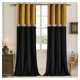 Gold Black Velvet Curtains for Living Room 84 Inches 2 Panels Set Window Treatment Vintage Curtain Embroidered Floral Drapes Retro Blackout Curtains - Retail: $45