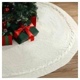 72 Inch Christmas Tree Skirt Extra Large White Chunky Xmas Knitted Tree Skirt Giant Cable Knit Thick Rustic Farmhouse Xmas Ornaments for Home Merry Christmas Holiday Winter Party Decorations - Retail:
