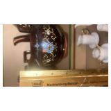 The image features a vintage trio of Japanese brown-glazed Moriage teapots.