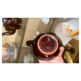 The image features a vintage trio of Japanese brown-glazed Moriage teapots.