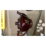 The image features a vintage trio of Japanese brown-glazed Moriage teapots.