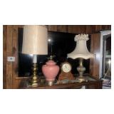 1970s Home Decor Collection - Pink Ceramic Lamp, Table Clock, and Gold Base Lamp