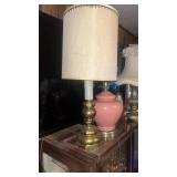 1970s Home Decor Collection - Pink Ceramic Lamp, Table Clock, and Gold Base Lamp